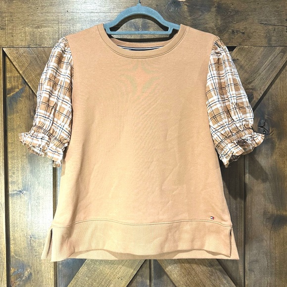 NWOT Tommy Hilfiger Tan Plaid Sleeve Terry Top Sz M - Picture 7 of 12
